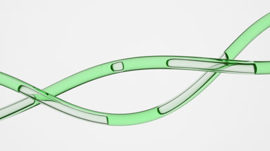 Green oil flowing in twisted connecting tubes on grey background