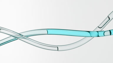 Cyan oil and colorless fluid are flowing in two connecting tubes