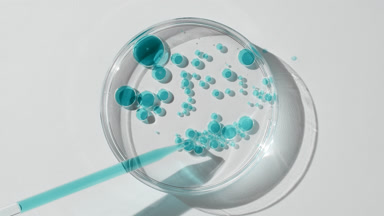 Long chemical dropper drains cyan oil into Petri dish with water