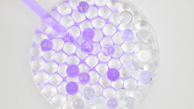 Violet oil drained in Petri dish with octagons sinking in it