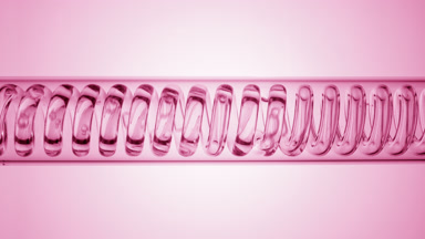 Clear liquid in coil condenser, pink ramp background, lab view