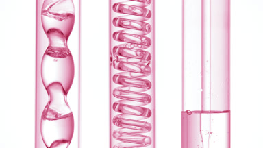 Pink transparent liquid bubbles in bulb condenser on white