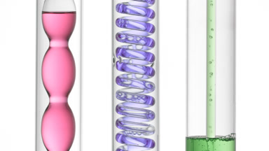 Pink, violet, green bubbling in condenser, filling tube on white