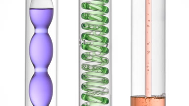 Violet, green, orange liquids in condenser filling tube on white
