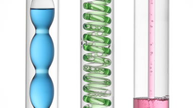 Blue, green, pink bubbling in condenser, filling tube on white