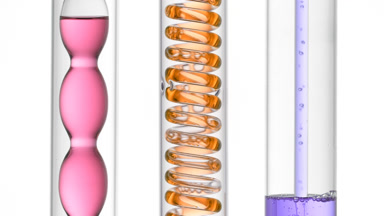 Pink, orange, violet liquids in condenser, filling tube on white