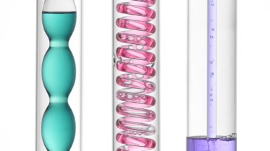 Cyan, pink, violet liquids in glass coil and flask lab setup