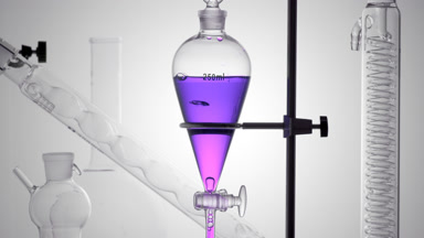 Purple sweet potato extract drips from separatory funnel, bubble