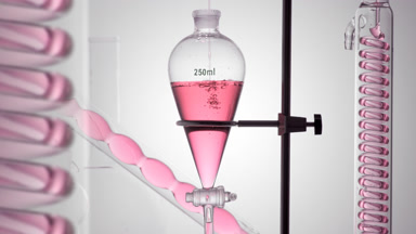 Fragrance pours into funnel, bubbles underwater, fills condenser