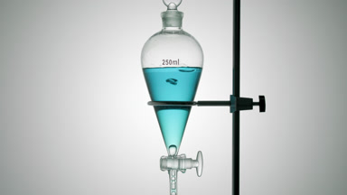 Seaweed liquid extract drips from separatory funnel bubbles rise
