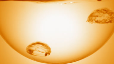 Clear liquid boiling in flask, bubbles on orange ramp bg