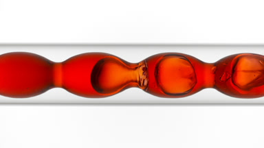 Red transparent liquid fills and drains bulb condenser, white bg