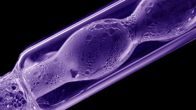 Violet liquid condensing on bulb lab condenser, black background