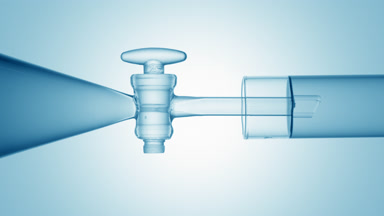 Collagen liquid flows from funnel stopcock into test tube, fills