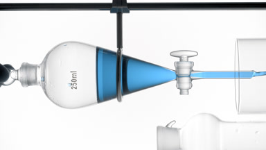 Blue transparent liquid draining from separatory funnel, lab use