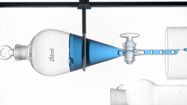 Blue liquid draining from funnel, rising bubbles, cosmetic lab