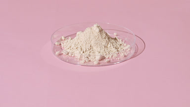 Light Beige Powder in Petri Dish on Soft Pink Background