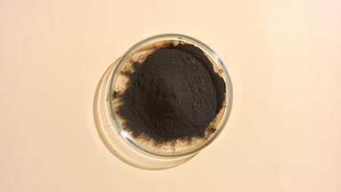 Shungite Powder in Glass Dish on Creamy Beige Surface