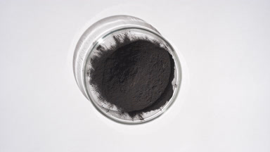Magnetite Powder in Petri Dish on Light Gray Background