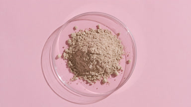 Beige Powder in Petri Dish on Light Pink Backdrop