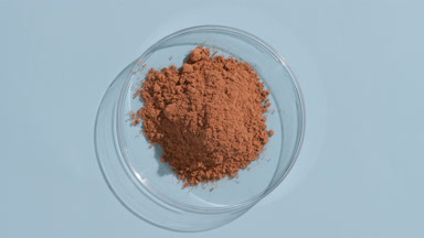 Brown Fine Powder in Petri Dish on Blue Background